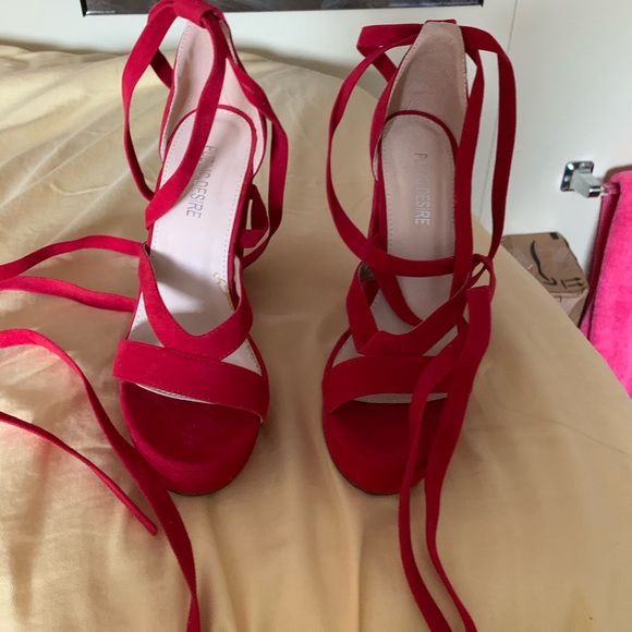 Red Strap up Chunky Heels - Picture 2 of 5